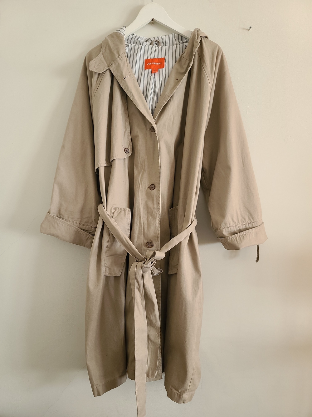 NWT Joe Fresh Beige 100% Cotton Oversized Long Trench Coat w/ Striped Lining  3x